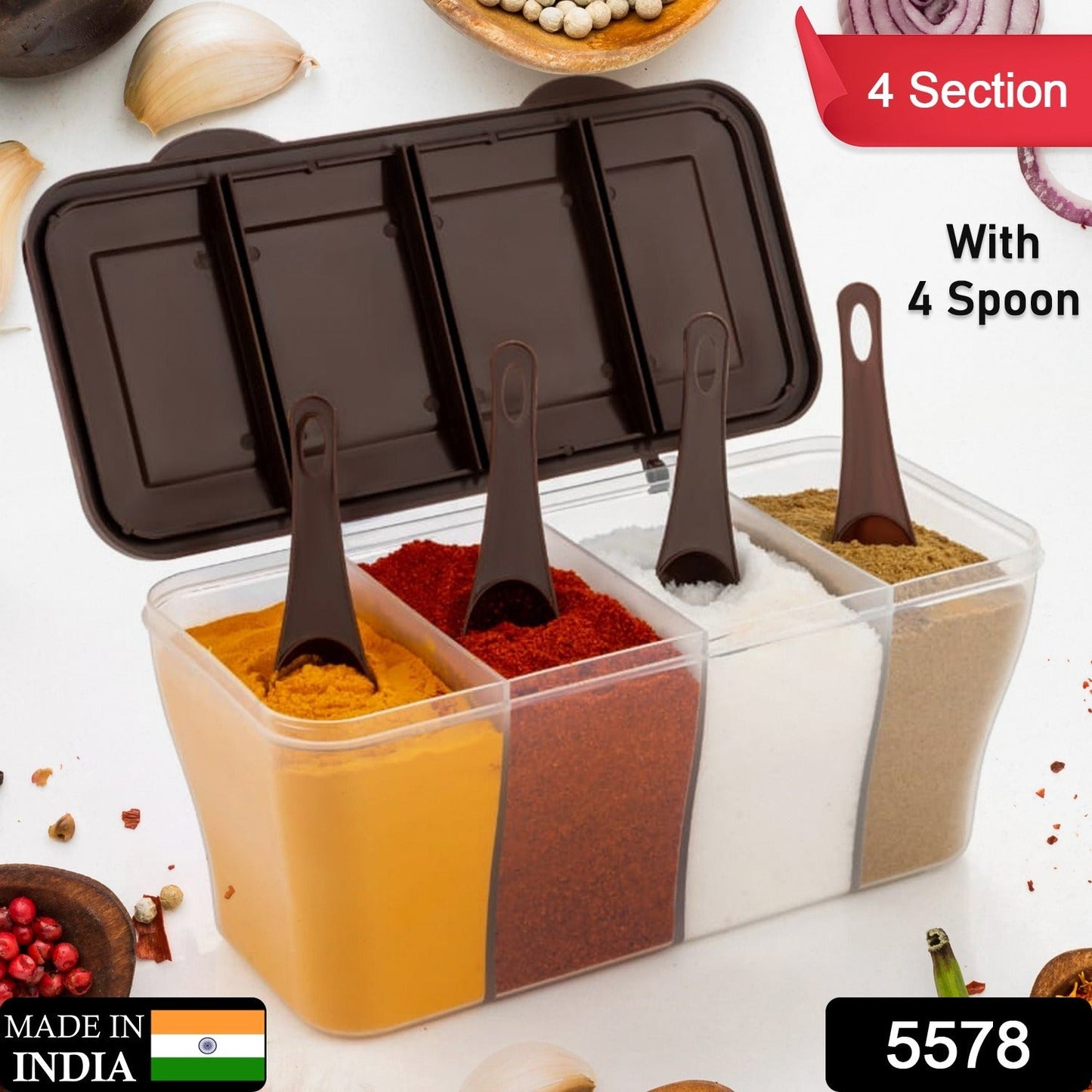 Kitchen Airtight 4-Section Storage Container / Pickle Jar 4 Spoons (1 Pc / Mix Color)