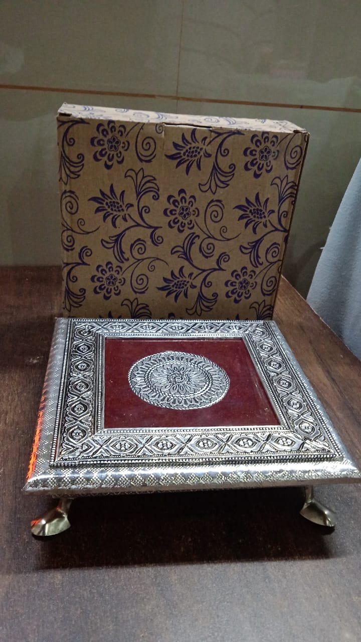 Silver - Square Pooja Chowki Patla / Bajot (20×20 CM / 1 Pc) Your Brand