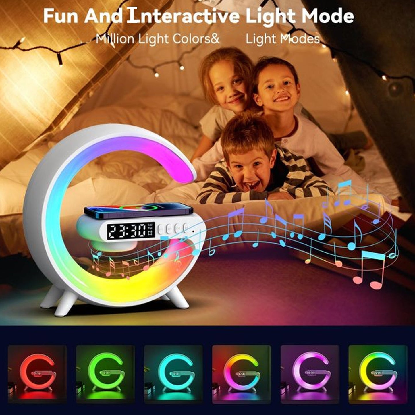 Smart Alarm Clock With G-shape Rgb Light Bluetooth Speaker Wireless Charging (1 Pc) Wukusy