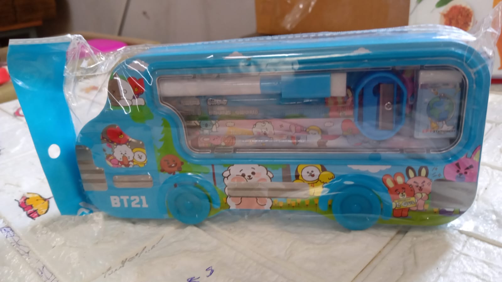 Bus Shape Compass Box for Boys, Kids School Accessories |  Pencil Box  with Wheels for Girls and Kids, String Operated Case Students School Supplies - Stationery Set Organizer Birthday Return Gift for Kids Your Brand
