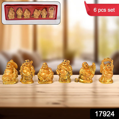 Golden Laughing Buddha Set Of Six Pieces Statue For Happiness, Wealth & Good luck Decor For Wealth and Success (6 Pcs Set) Your Brand