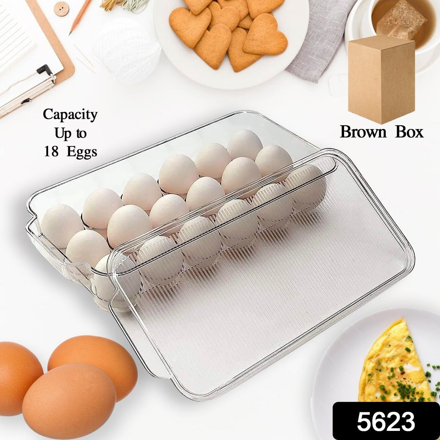 Plastic 18 Cavity Egg Storage Box Or Egg Trays For Refrigerator With Lid & Handles High Quality, Rectangular Egg Tray Box For 18 Egg (1 Pc) Your Brand