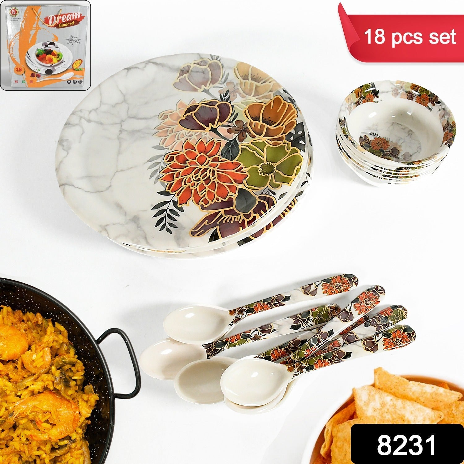 Dream High Quality plastic Dinning Dinner set with Unique Flower Design Printed, 6 pc Plates, 6 pc Bowls and 6 pc Serving Spoon, Lightweight Round Plates and Bowls, Microwave, and Dishwasher Safe (18 Pcs set) Your Brand
