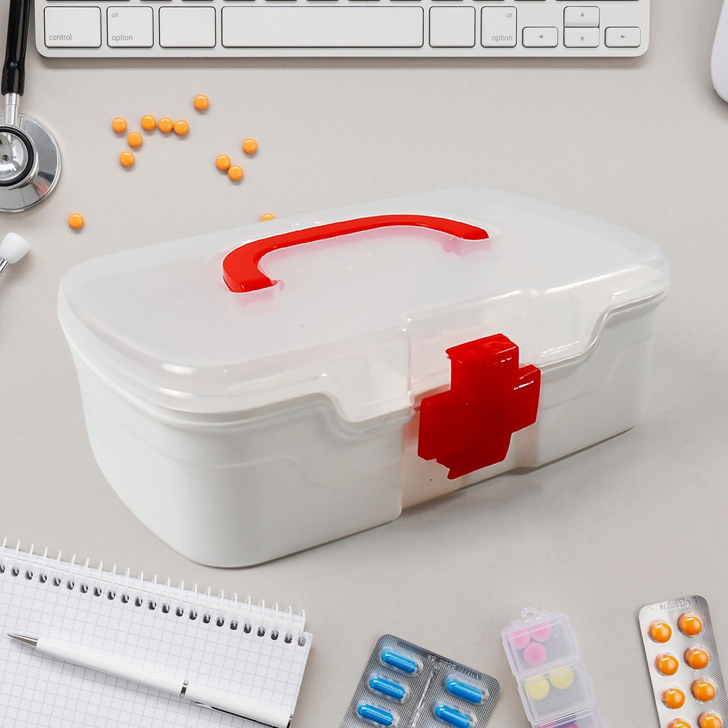 12980 3 Compartment Medical Box 1 Piece Indoor Outdoor Medical Utility Medicine Storage Box Detachable Tray Medical Box Multi Purpose Regular Medicine First Aid Box With Handle Transparent Lid  Color Box Wukusy