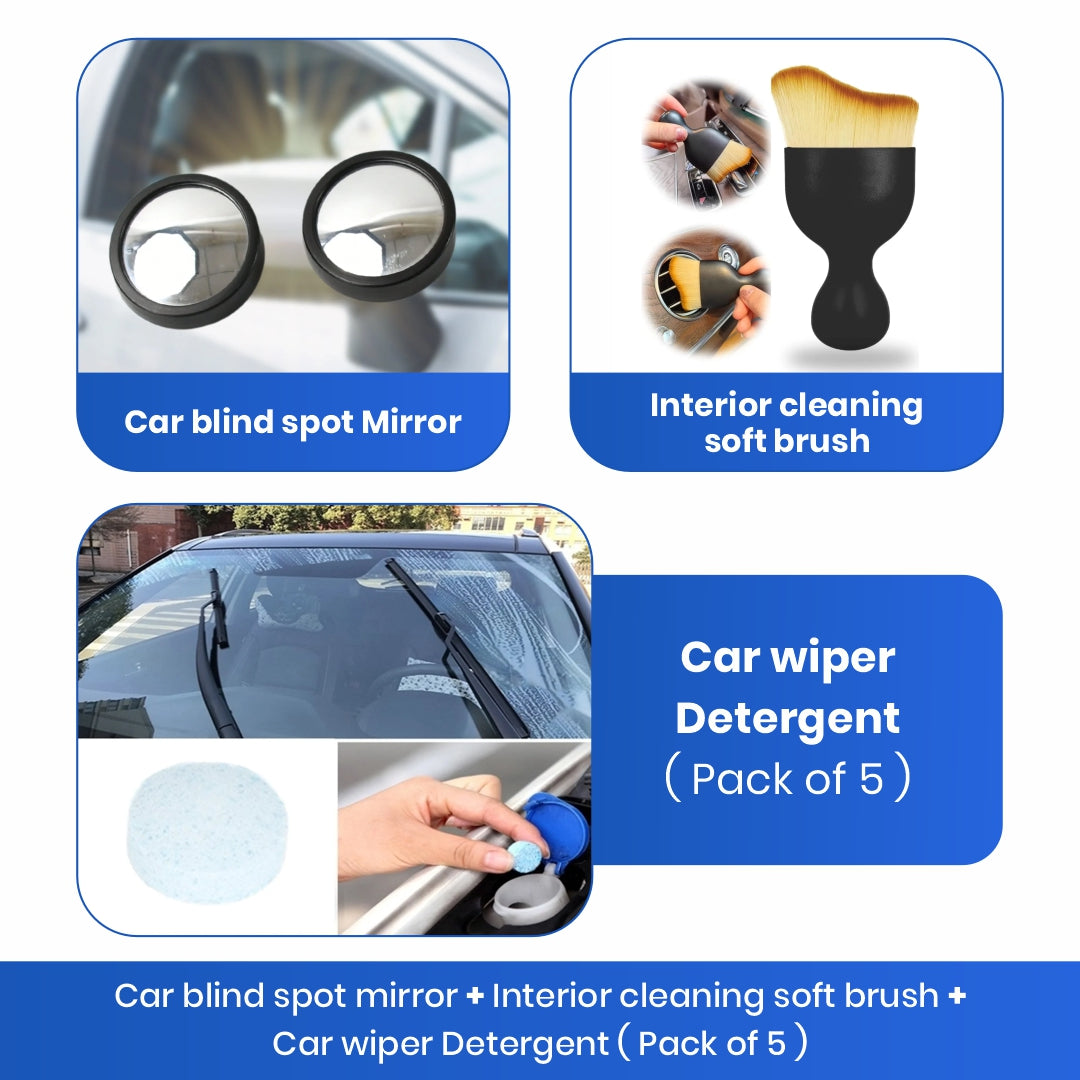 Car Safety & Cleaning Combo | Blind Spot Mirror, Interior Brush & Wiper Detergent shopbyte