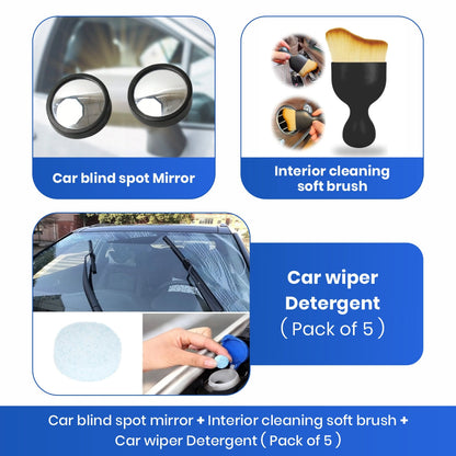 Car Safety & Cleaning Combo | Blind Spot Mirror, Interior Brush & Wiper Detergent shopbyte