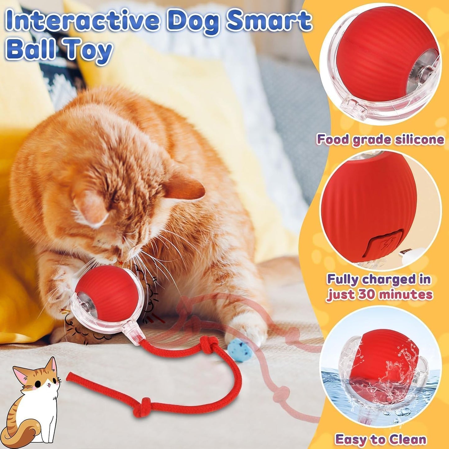 Rechargeable Interactive Cat Toy Ball with Detachable Tail and LED Light (1 Pc)
