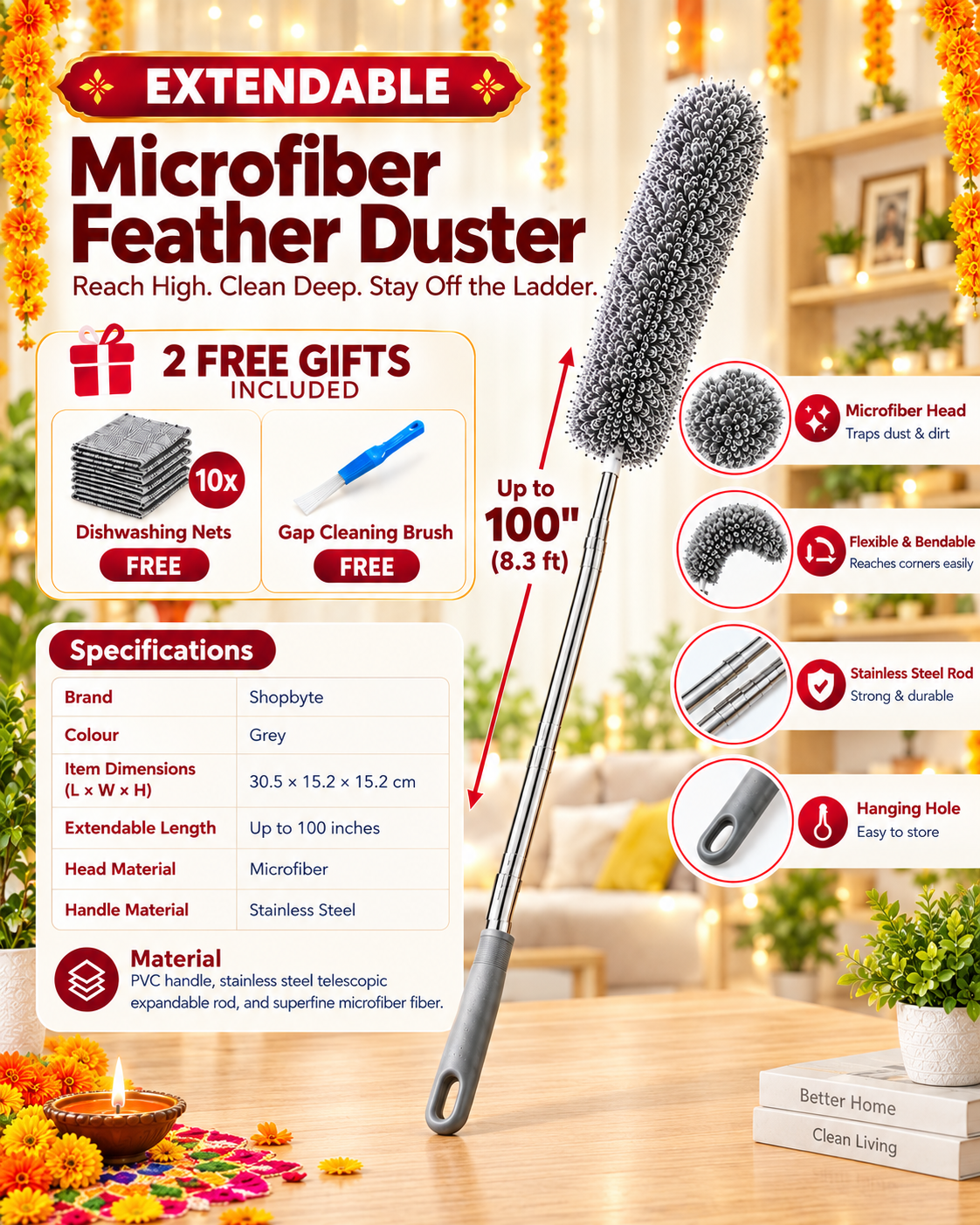 Extendable Cleaning Duster With 2 Free Gifts (Duster + 10 Dish Washing Net + Brush) SHOPBYTE