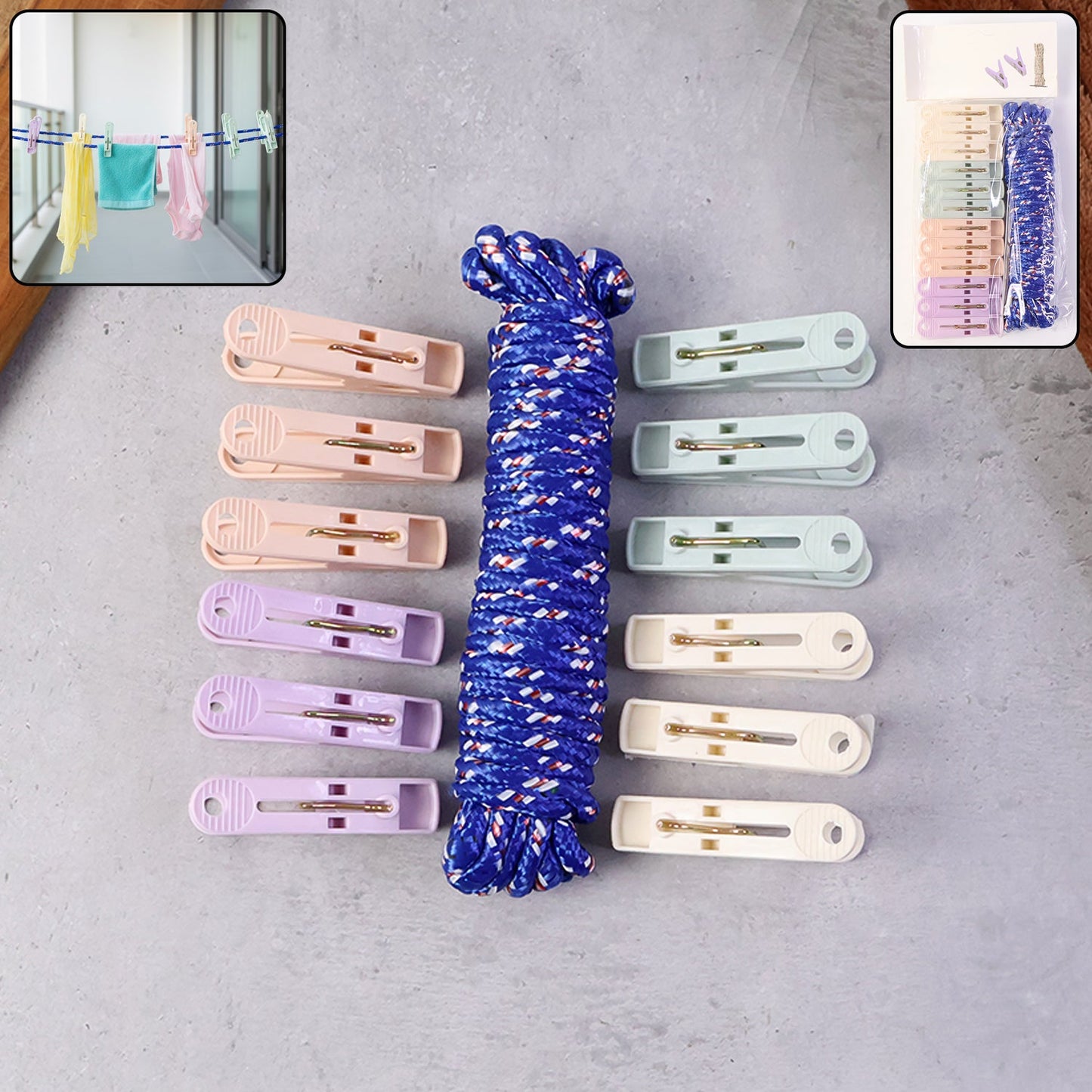 Clothesline rope with clips