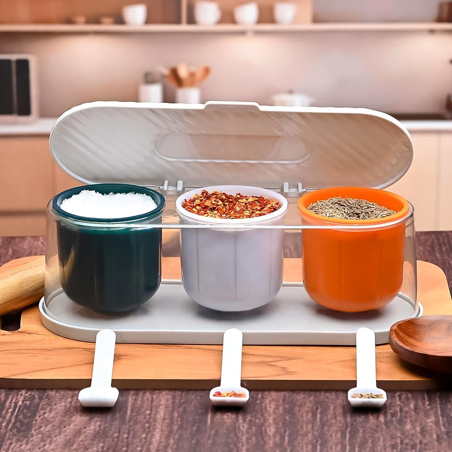 Home Kitchen 3 Grid Seasoning Spice  Masala Box Kit With Spoon (Multicolor  1 Set) Wukusy