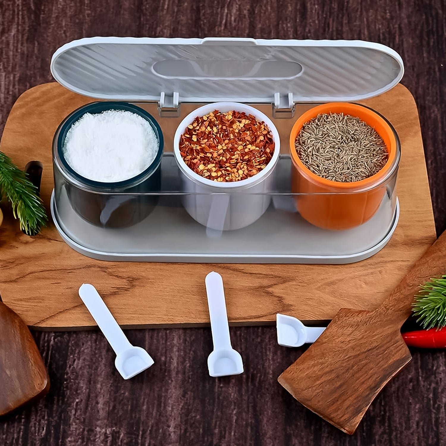 Home Kitchen 3 Grid Seasoning Spice  Masala Box Kit With Spoon (Multicolor  1 Set) Wukusy