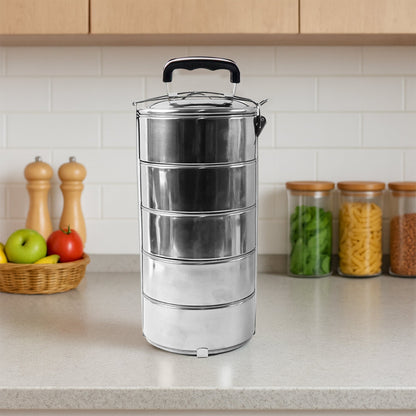 5 Compartment Lunch Box (Stainless Steel): Round Tiffin, Leakproof (16x5")