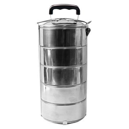 5 Compartment Lunch Box (Stainless Steel): Round Tiffin, Leakproof (16x5")
