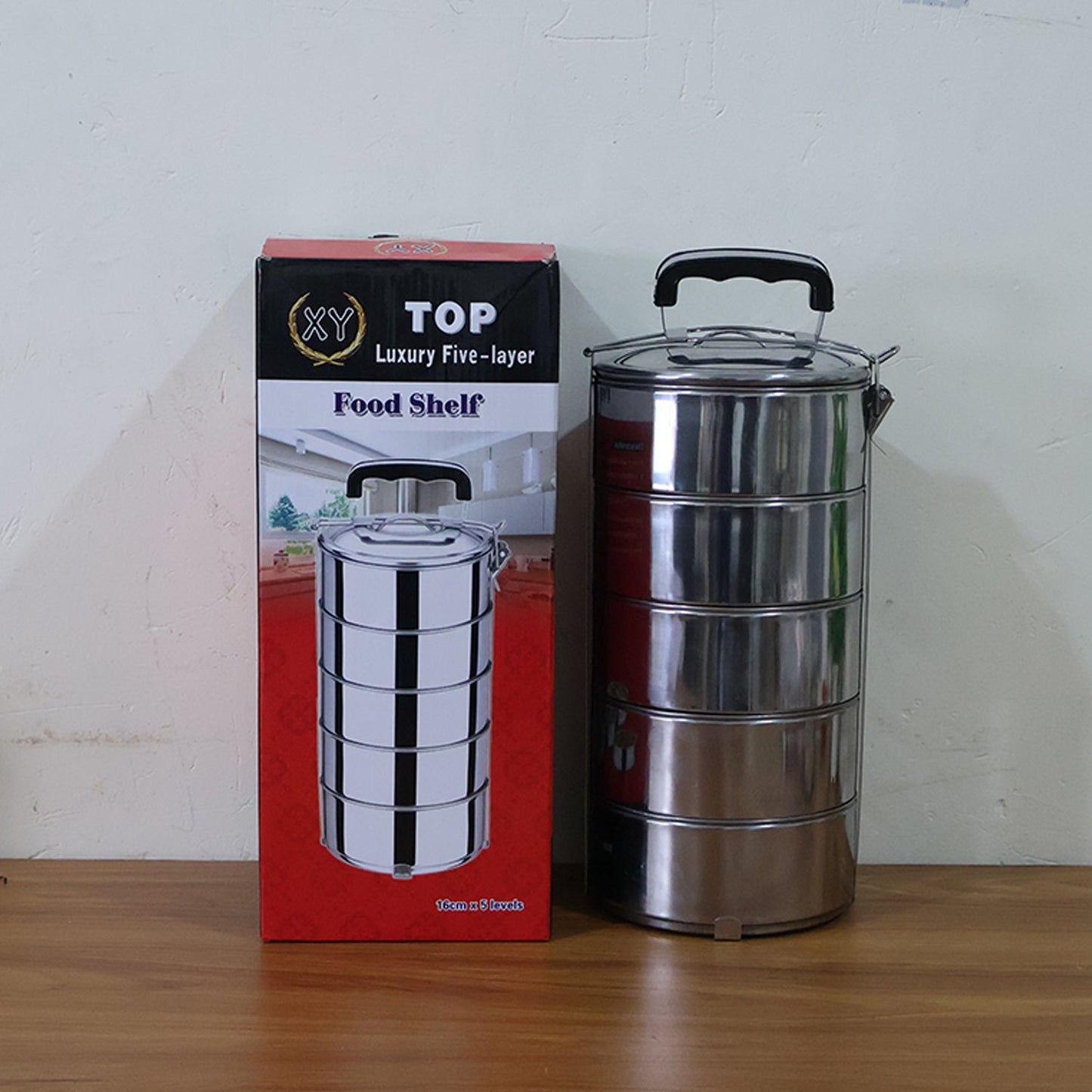 5 Compartment Lunch Box (Stainless Steel): Round Tiffin, Leakproof (16x5")