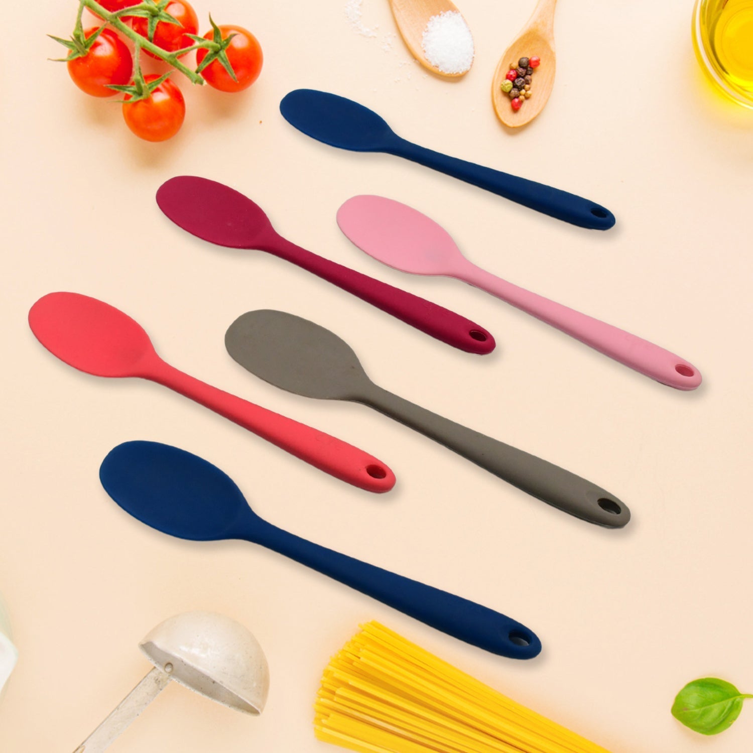 Multipurpose Silicone Spoon, Silicone Basting Spoon Non-Stick Kitchen Utensils Household Gadgets Heat-Resistant Non Stick Spoons Kitchen Cookware Items For Cooking and Baking (6 Pcs Set) Your Brand