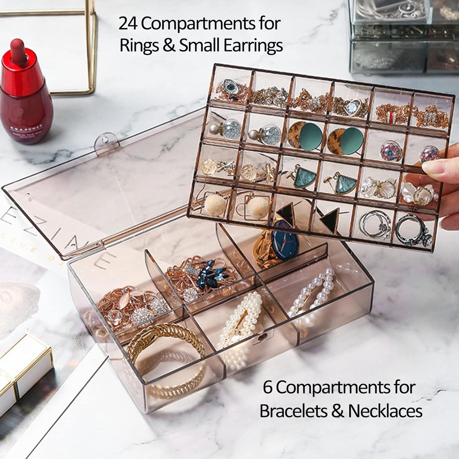 2 layer Acrylic Jewelry Storage Box Dustproof Earring Box, Storage Box Portable Nail Art Storage Case, 24-Grid Small and 6-Grid Big case Makeup Vanity Box (1 Pc / 30 Compartment) Your Brand