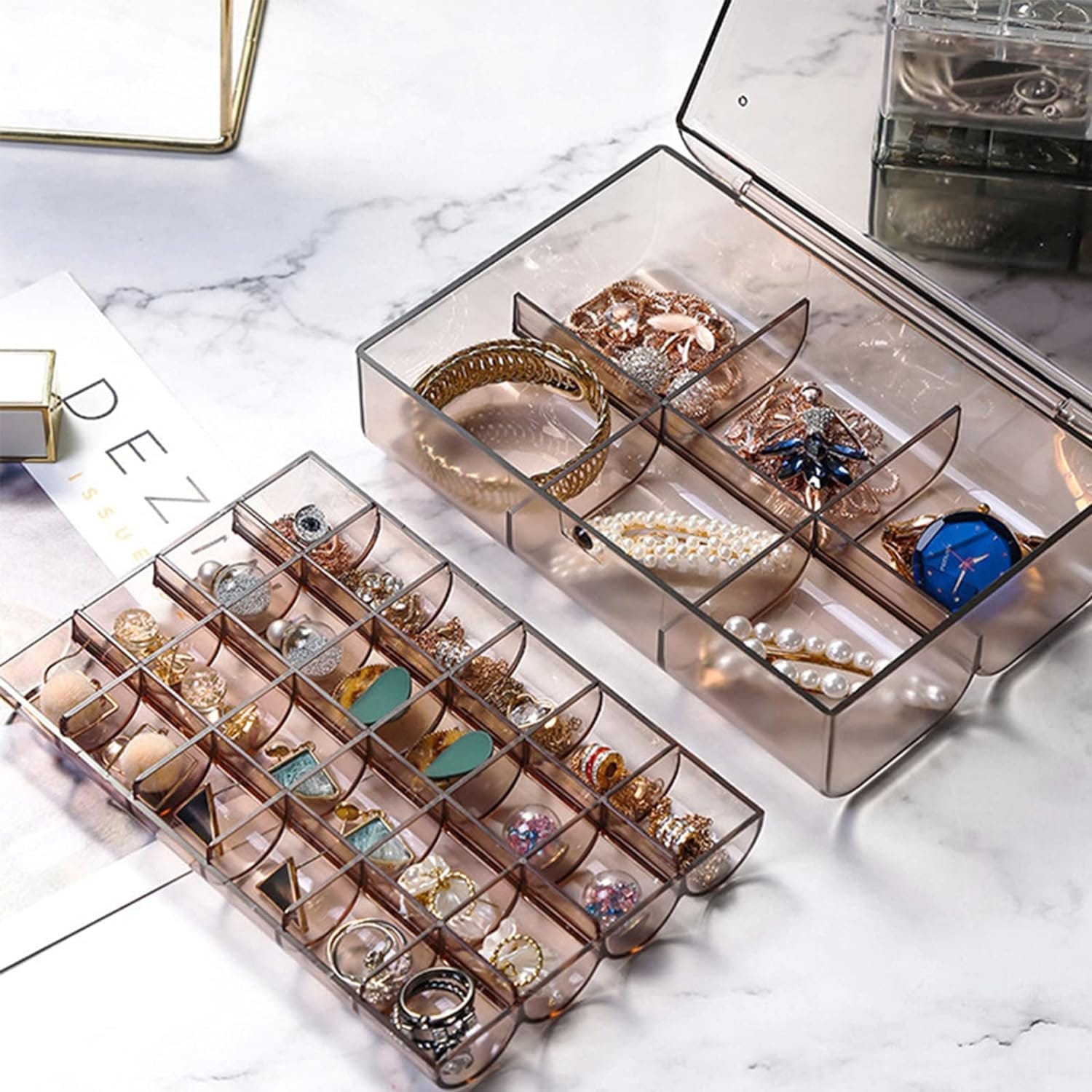 2 layer Acrylic Jewelry Storage Box Dustproof Earring Box, Storage Box Portable Nail Art Storage Case, 24-Grid Small and 6-Grid Big case Makeup Vanity Box (1 Pc / 30 Compartment) Your Brand