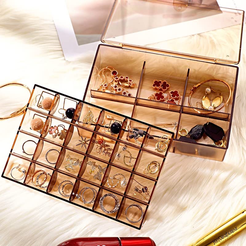 2 layer Acrylic Jewelry Storage Box Dustproof Earring Box, Storage Box Portable Nail Art Storage Case, 24-Grid Small and 6-Grid Big case Makeup Vanity Box (1 Pc / 30 Compartment) Your Brand