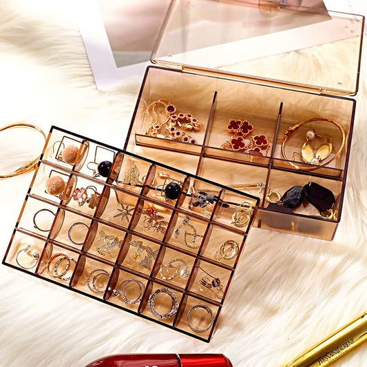 2 layer Acrylic Jewelry Storage Box Dustproof Earring Box, Storage Box Portable Nail Art Storage Case, 24-Grid Small and 6-Grid Big case Makeup Vanity Box (1 Pc / 30 Compartment) Your Brand