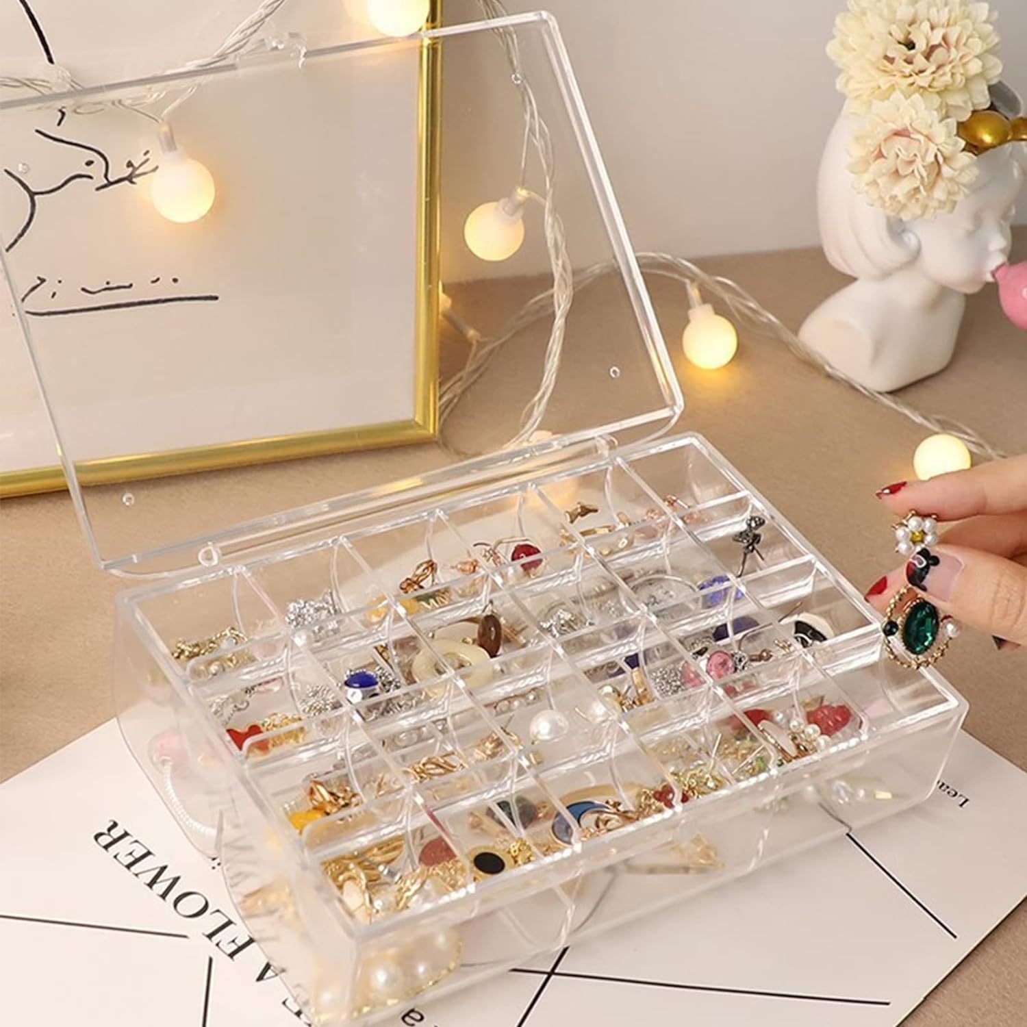 2 layer Acrylic Jewelry Storage Box Dustproof Earring Box, Storage Box Portable Nail Art Storage Case, 24-Grid Small and 6-Grid Big case Makeup Vanity Box (1 Pc / 30 Compartment) Your Brand