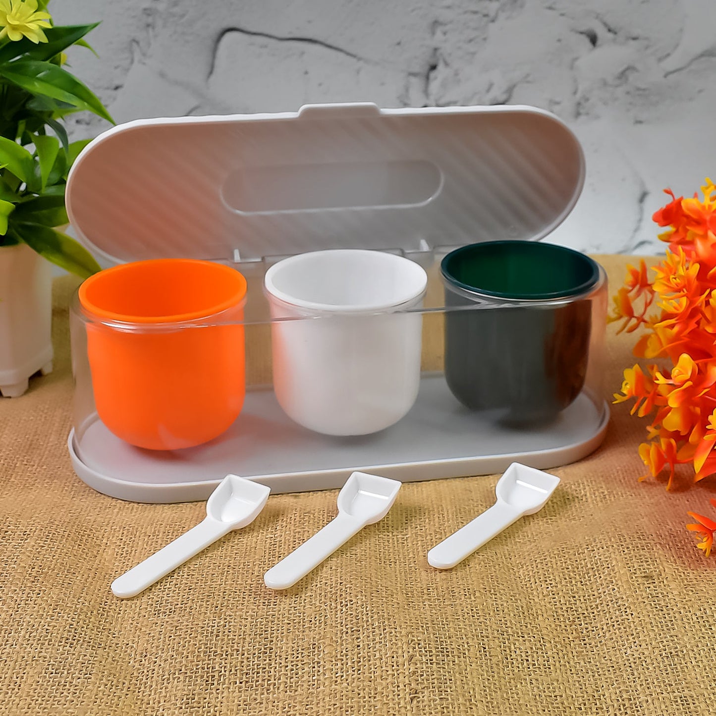 Home Kitchen 3 Grid Seasoning Spice  Masala Box Kit With Spoon (Multicolor  1 Set) Wukusy