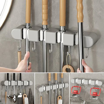 6 Slot & 6 Hook Wall Mounted Holder For Mop, Broom, Kitchen, Garden shopbyte