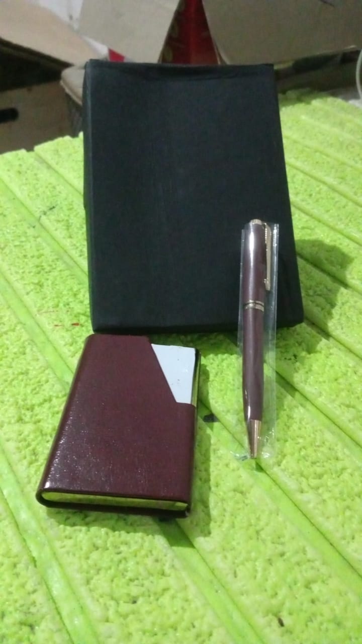 Leather Professional Business Visiting Card Case With Luxury Ballpoint Blue Pens (2 Pc Set / With Gift Box) Your Brand