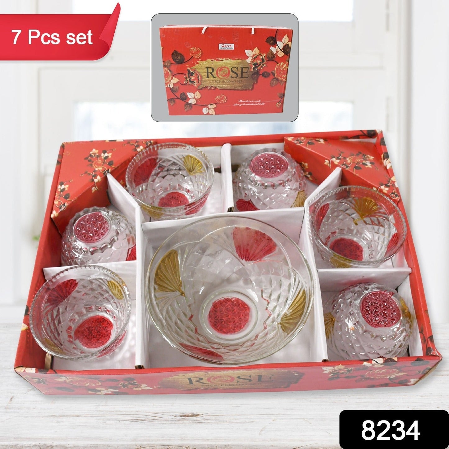 Rose glass Multipurpose Pudding / Dessert / Ice Cream Bowl Set for Home use, Home & Kitchen Serving Bowl for Sundae, Sweets, Snacks, Fruit, Pudding, Nuts or Dip, Serving Bowls 6 Medium & 1 Big Bowl (Set of 7 pc) Your Brand