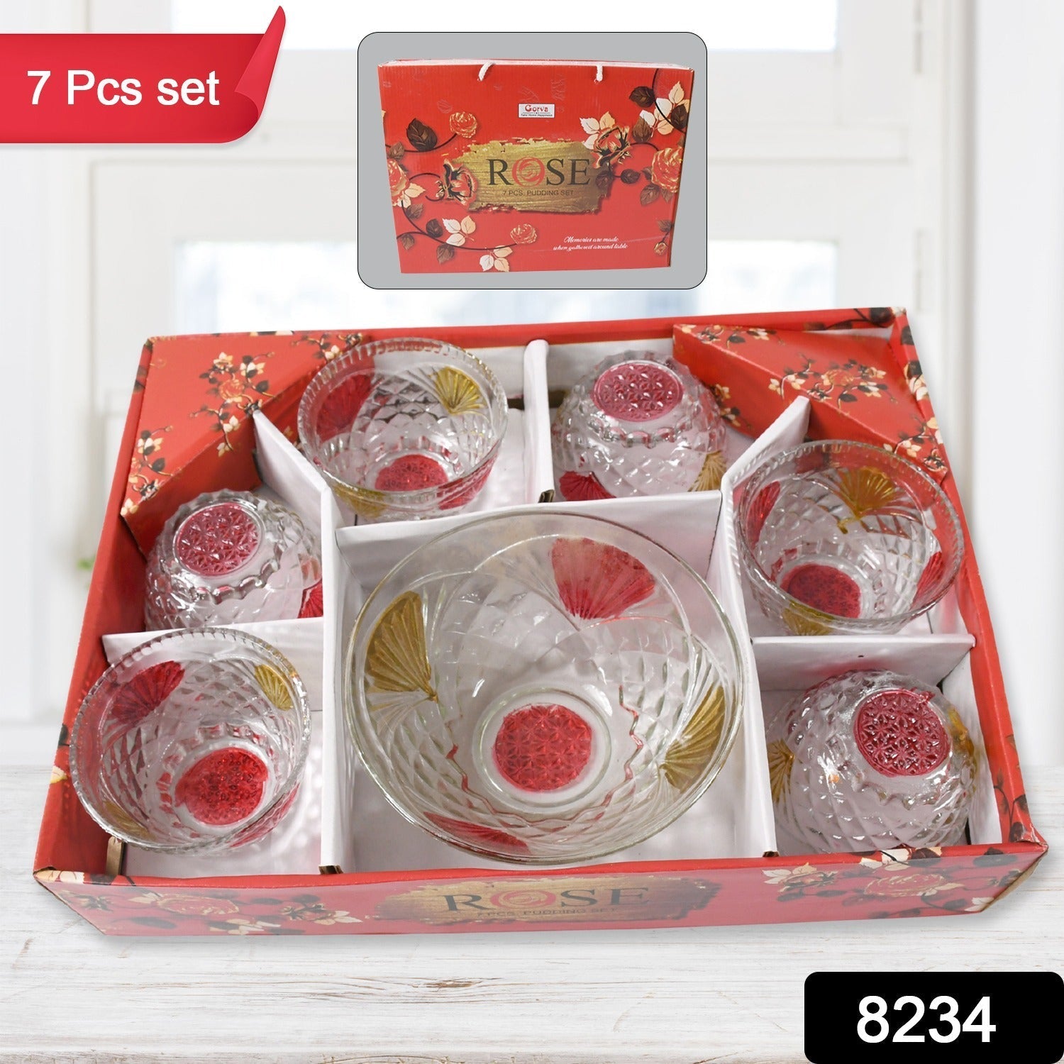 Rose glass Multipurpose Pudding / Dessert / Ice Cream Bowl Set for Home use, Home & Kitchen Serving Bowl for Sundae, Sweets, Snacks, Fruit, Pudding, Nuts or Dip, Serving Bowls 6 Medium & 1 Big Bowl (Set of 7 pc) Your Brand