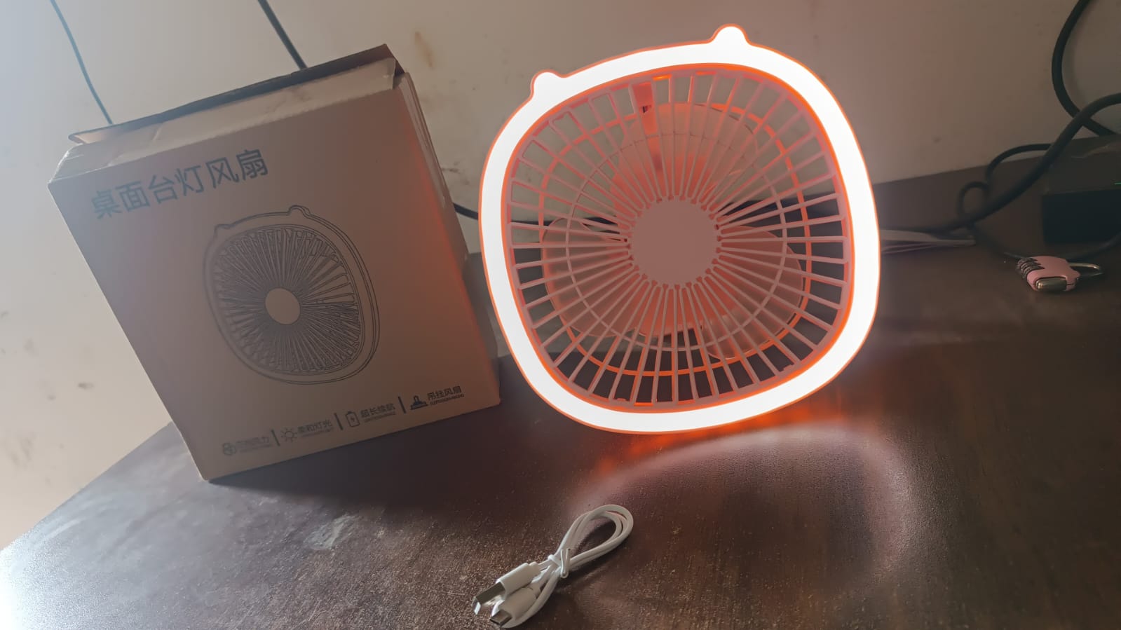 USB PORTABLE MINI DESK FAN WITH LIGHT & COLOR BOX (1 PC / Mix Color) Your Brand