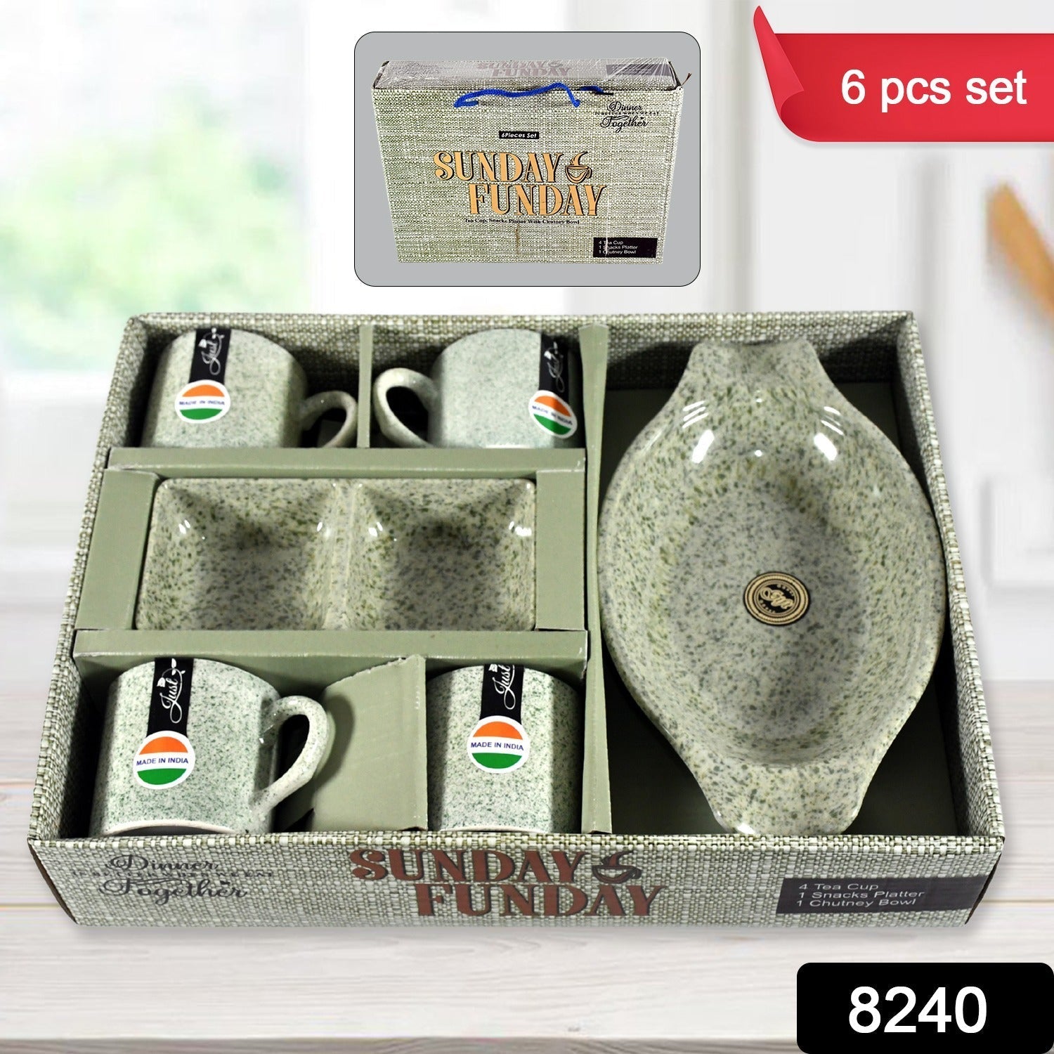 Sunday Funday Ceramic Tea / cups / Mug With Plastic Snacks Platter and 2 compartment Chutney Bowl Milk Cup, Coffee Cup, Breakfast Cup, Drinking Mug or Outdoor for Household, Gift for Birthday, Wedding Party (6 Pcs set) Your Brand