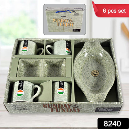 Sunday Funday Ceramic Tea / cups / Mug With Plastic Snacks Platter and 2 compartment Chutney Bowl Milk Cup, Coffee Cup, Breakfast Cup, Drinking Mug or Outdoor for Household, Gift for Birthday, Wedding Party (6 Pcs set) Your Brand