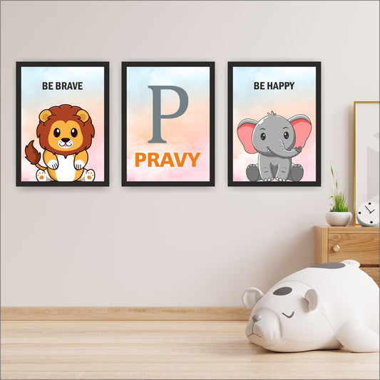 Baby Safari Animal wall art frame with Baby Name (3 Frames)