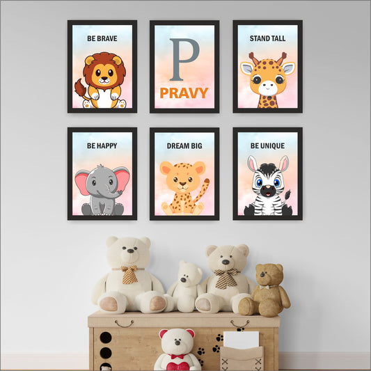 Baby Safari Animal wall art frame with Baby Name (6 Frames)