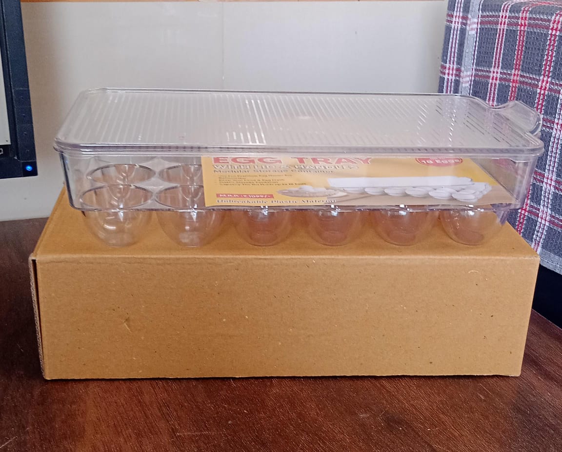 Plastic 18 Cavity Egg Storage Box Or Egg Trays For Refrigerator With Lid & Handles High Quality, Rectangular Egg Tray Box For 18 Egg (1 Pc) Your Brand
