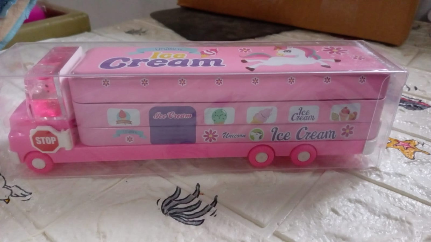 Double Decker Magic Truck Compass Multi Level Metal Truck Compass Pencil Case with Movable Wheels & Sharpener (Mix Design) Your Brand