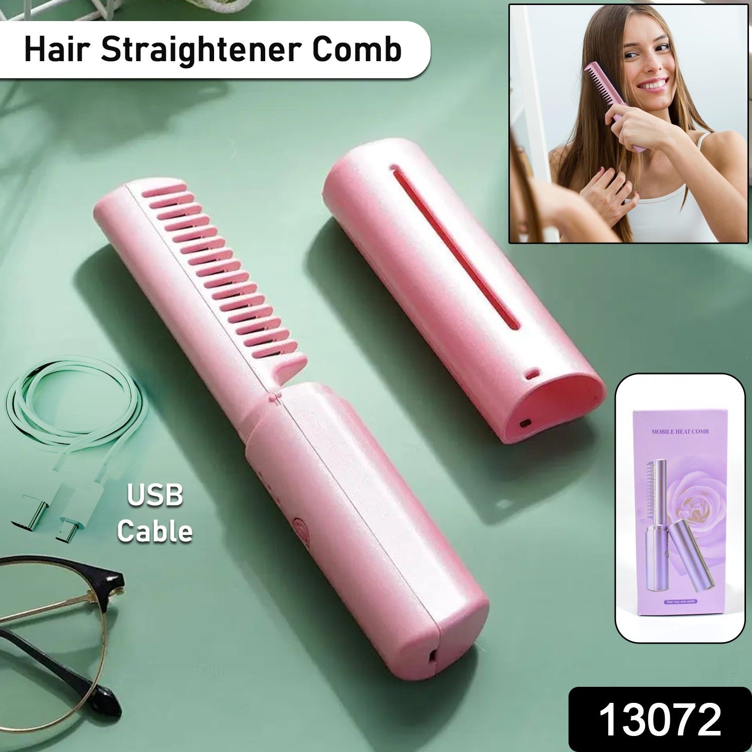 Rechargeable Mini Hair Straightener, Travel Portable USB Charging Cordless Hair Straightener Bursh, Three Temperature Adjustments Flat Iron Comb (1 Pc) Your Brand