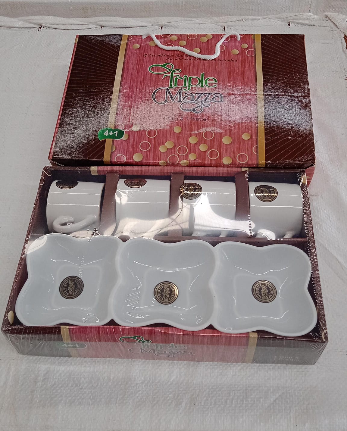 Triple Mazza Ceramic Tea / Cups Set Including 3 Compartment Plastic Serving Platter (4 Pcs Set) Your Brand