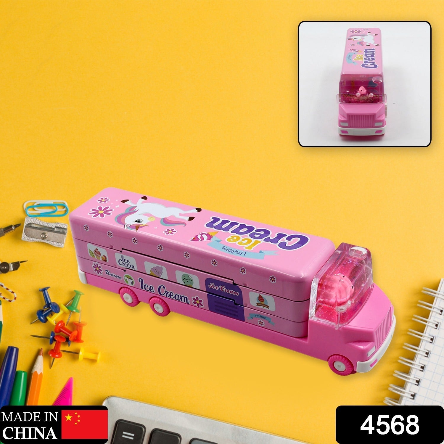 Double Decker Magic Truck Compass Multi Level Metal Truck Compass Pencil Case with Movable Wheels & Sharpener (Mix Design) Your Brand