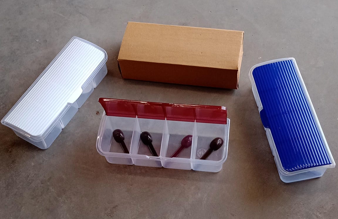 Kitchen Multipurpose Air-tight 4 Sections Storage Containers / Masala Box Pickle (Achar) Jar with 4 spoon for each section (1 Pc / Mix Color) Your Brand