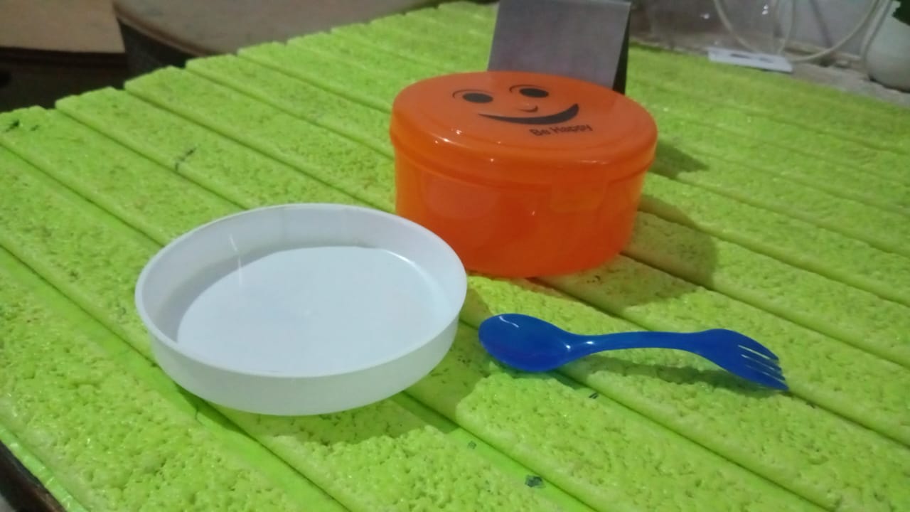 Smily Plastic lunch box, Small Box With 2in1 Spoon pack of 1 Your Brand
