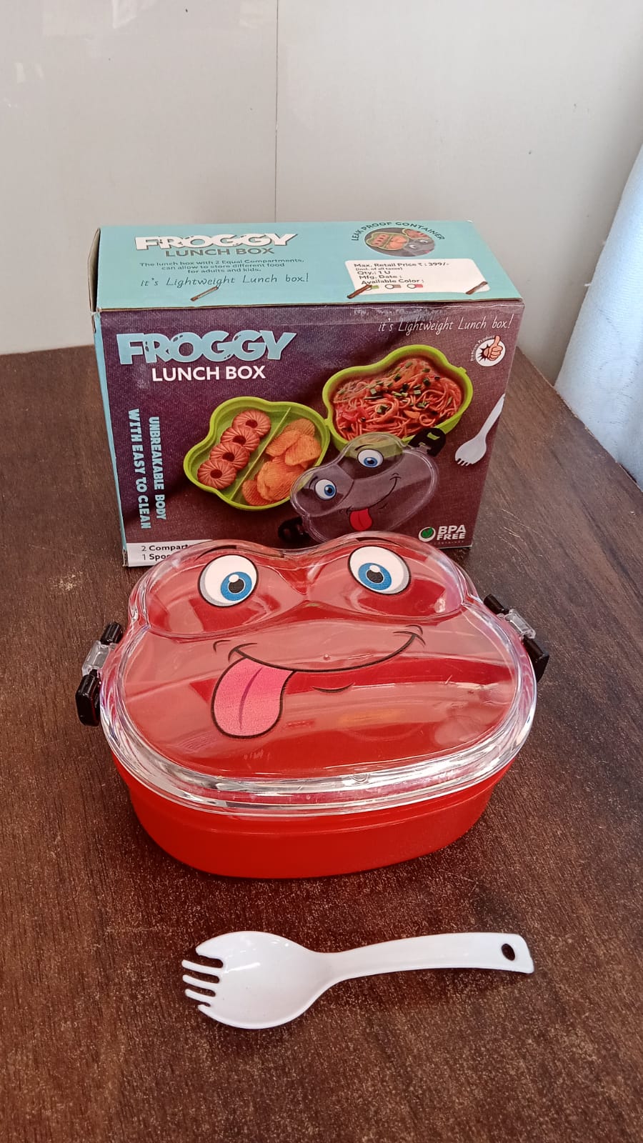 Double Layer Froggy Shape Lunch Box with Spoon (1 Pc / Mix Color) Your Brand