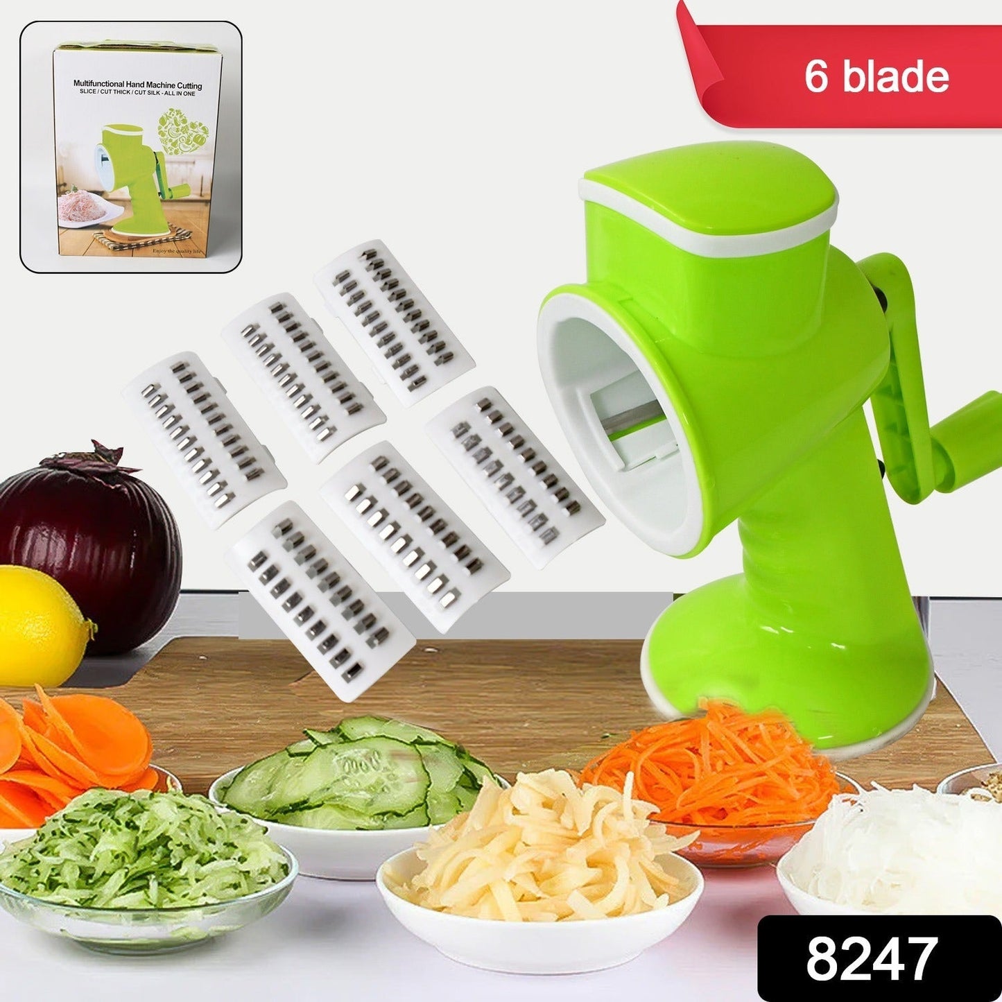 6 in 1 Multi functional Vegetable Cutter & Slicer Hand Machine Cutting, Slice, Cut Thick, Cut Silk All in one –Vegetable Chopper Cutter & Slicing Cutter Barrel - Vegetable Grater with 6 Removable Blades Your Brand