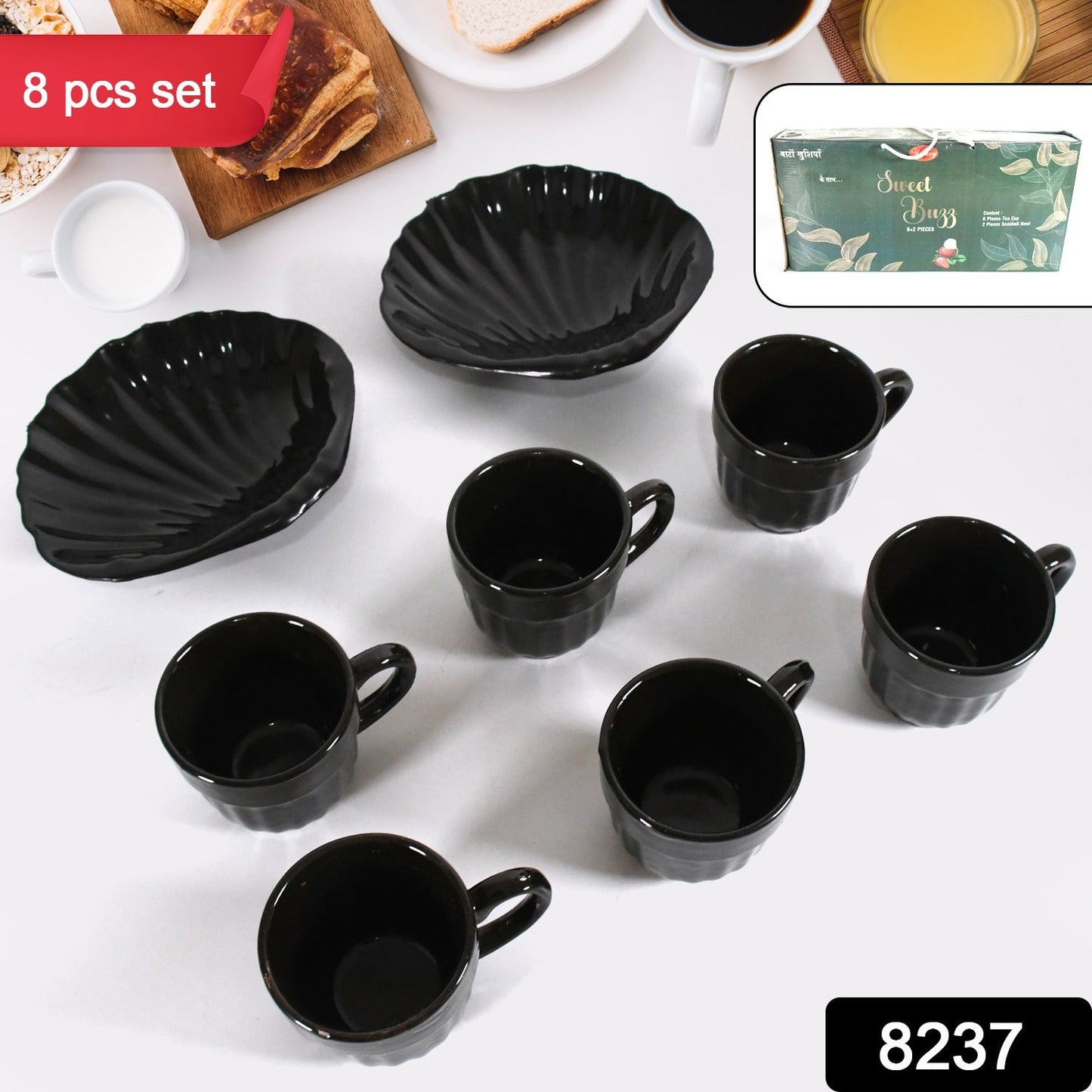 Sweet Buzz Ceramic Tea / cups / Mug Set With Seashell Shape Serving Bowl Milk Cup, Coffee Cup, Tea Cup, Breakfast Cup, Drinking Mug or Outdoor for Household, Gift for Birthday, Wedding Party (8 Pcs set) Your Brand