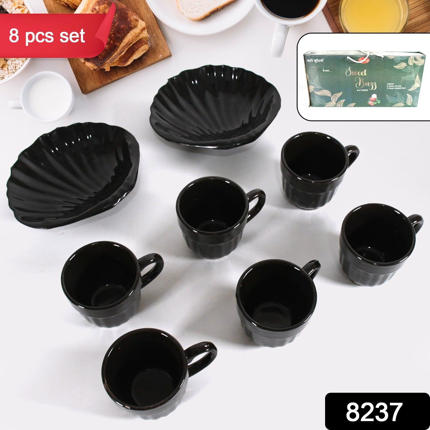 Sweet Buzz Ceramic Tea / cups / Mug Set With Seashell Shape Serving Bowl Milk Cup, Coffee Cup, Tea Cup, Breakfast Cup, Drinking Mug or Outdoor for Household, Gift for Birthday, Wedding Party (8 Pcs set) Your Brand