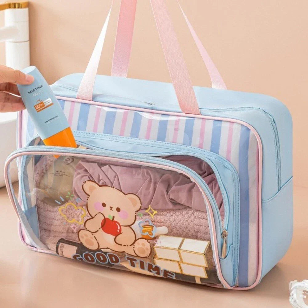 Large Waterproof Travel Duffel Bag | Cute Cartoon Storage Tote with Transparent Pocket | Random Color