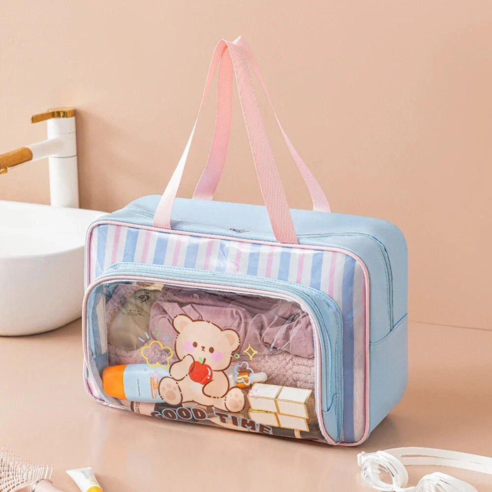 Large Waterproof Travel Duffel Bag | Cute Cartoon Storage Tote with Transparent Pocket | Random Color