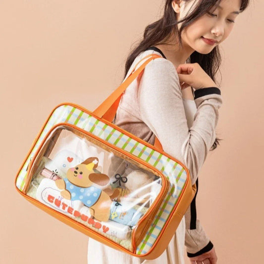 Large Waterproof Travel Duffel Bag | Cute Cartoon Storage Tote with Transparent Pocket | Random Color