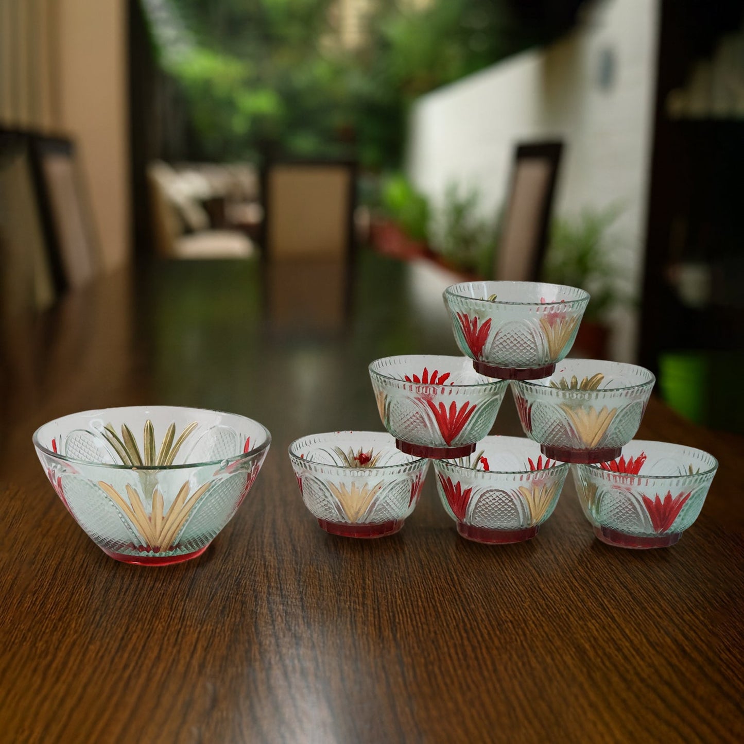 Rose glass Multipurpose Pudding / Dessert / Ice Cream Bowl Set for Home use, Home & Kitchen Serving Bowl for Sundae, Sweets, Snacks, Fruit, Pudding, Nuts or Dip, Serving Bowls 6 Medium & 1 Big Bowl (Set of 7 pc)