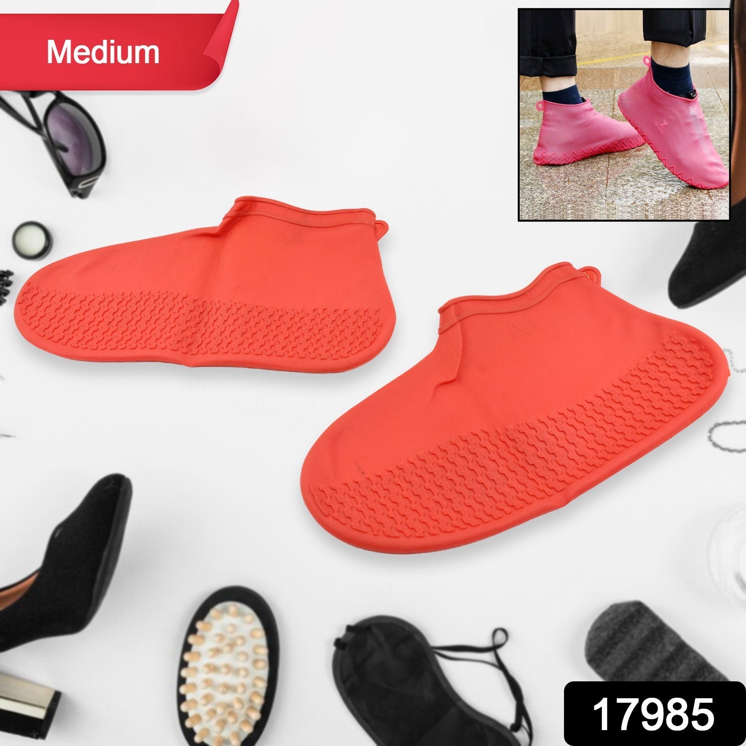 Non-Slip Silicone Rain Reusable Anti skid Waterproof Fordable Boot Shoe Cover (Medium Size / 1 Pair / Red) Your Brand